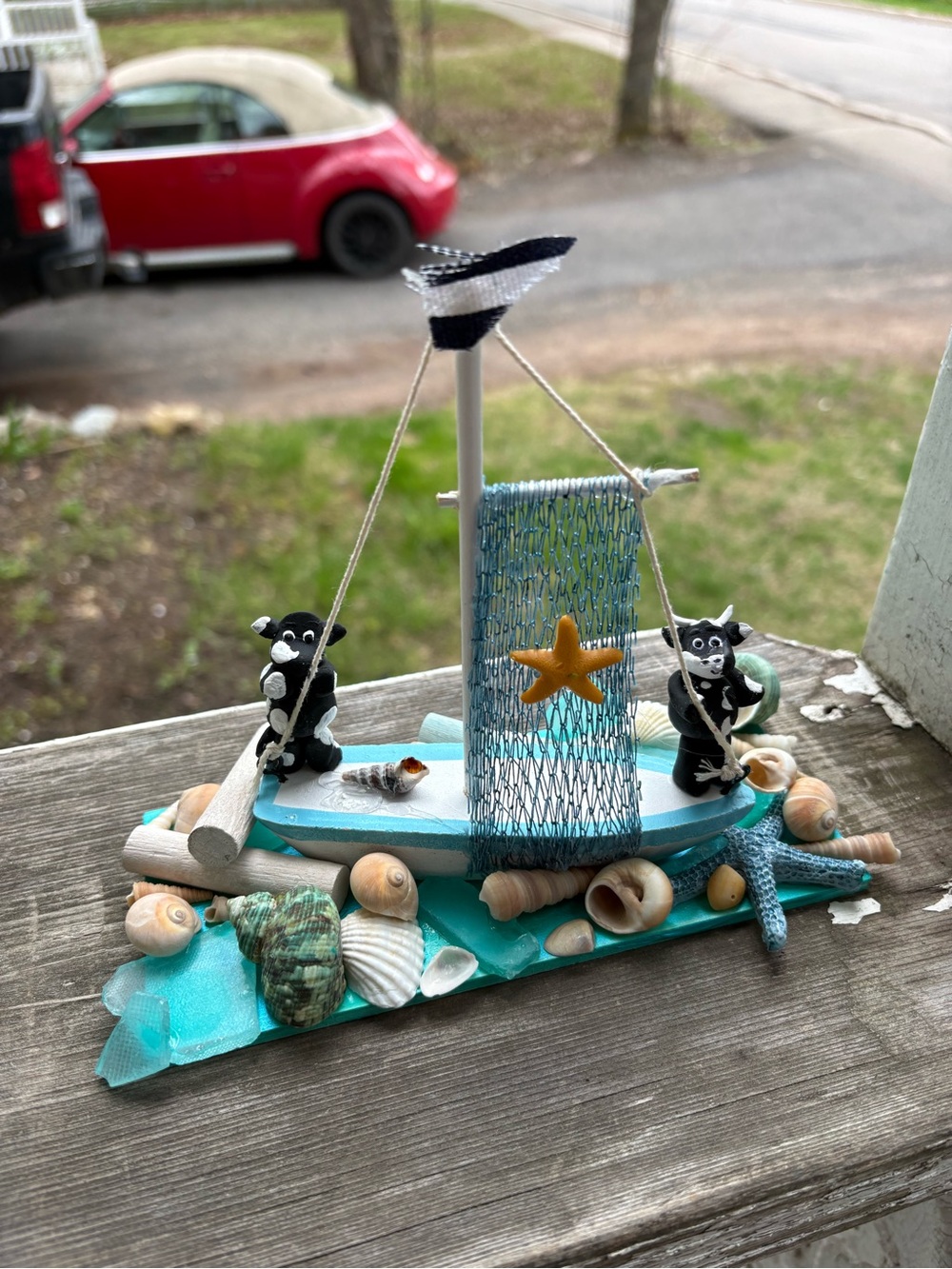 Turquoise Nautical Cows Sailing in Sailboat with Seashells and Starfish